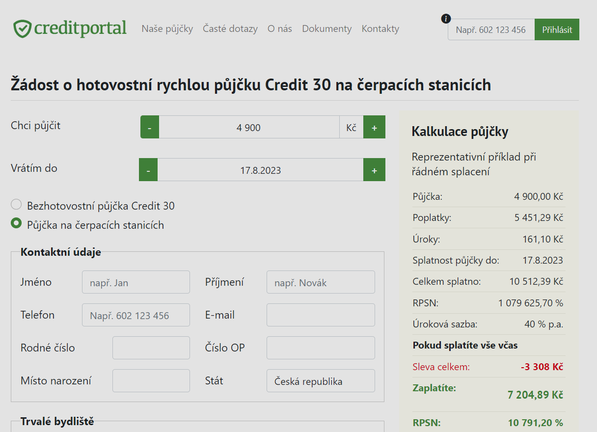 Creditportal - Žádost o půjčku, screen obrazovky společnosti Creditportal