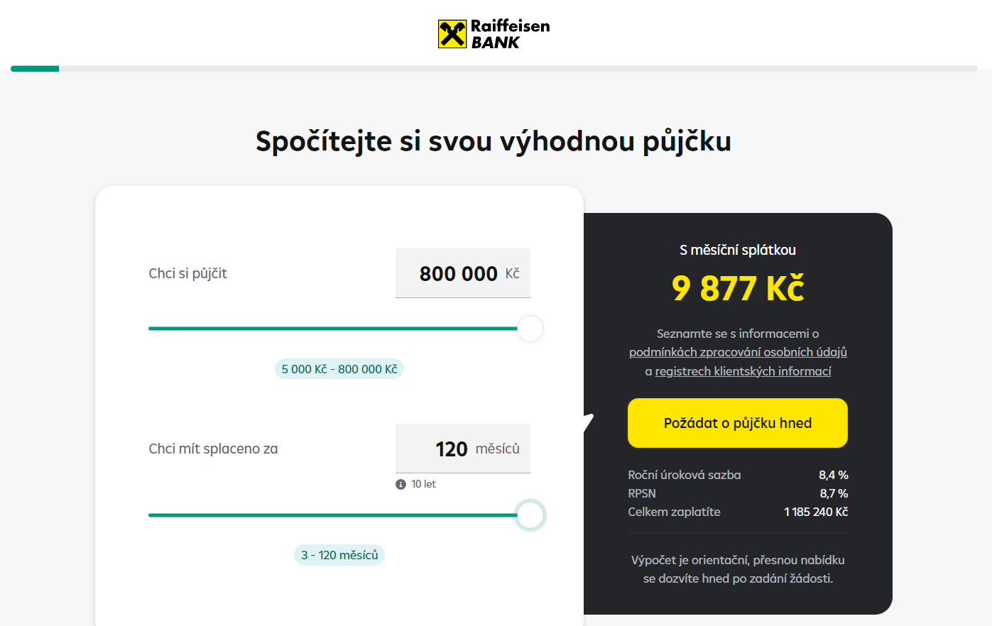 Raiffeisen BANK - Žádost o půjčku, screen obrazovky společnosti Raiffeisenbank