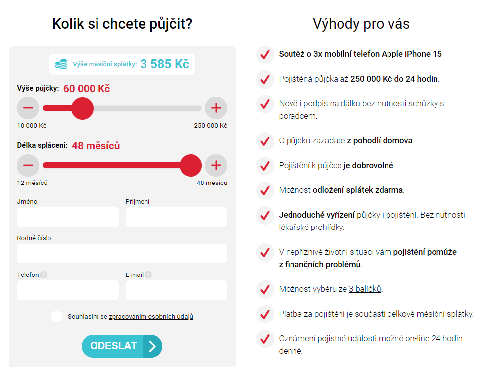 Pojištěná půjčka - Žádost o půjčku, screen obrazovky společnosti Pojištěná půjčka