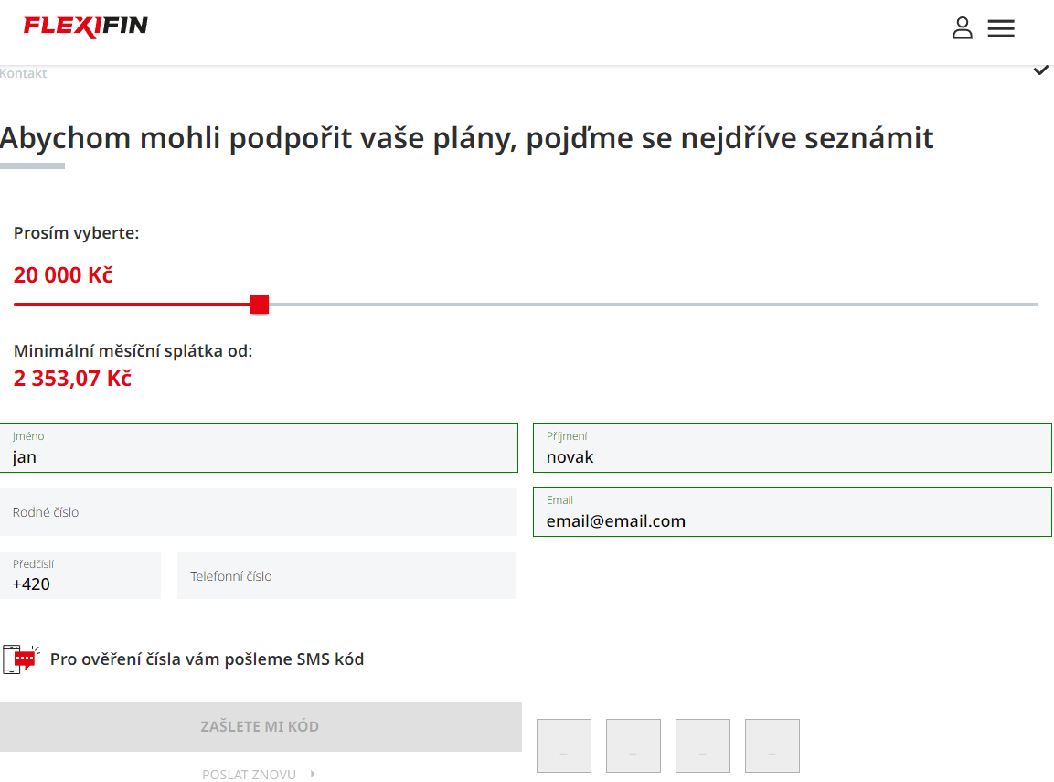 Flexifin půjčka - Žádost o půjčku, screen obrazovky společnosti Flexifin půjčka