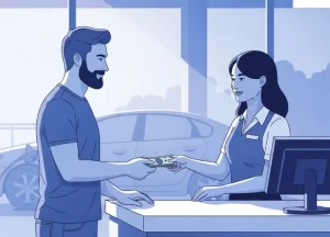 Půjčka bez bankovního účtu peníze na benzince - ilustrace muže, který si půjčí na benzínce.